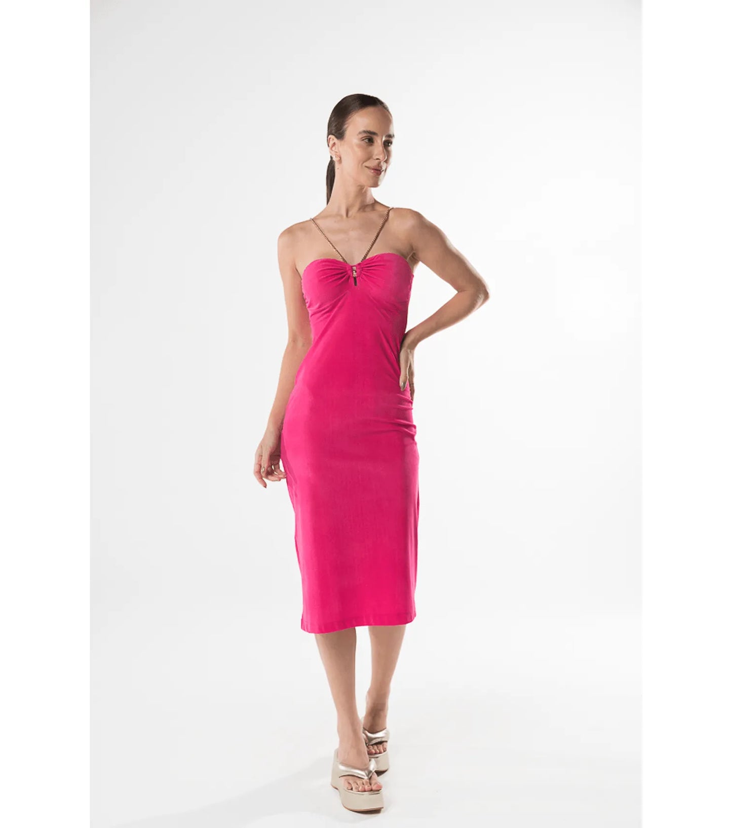 Abito midi rosa spalline incrociato