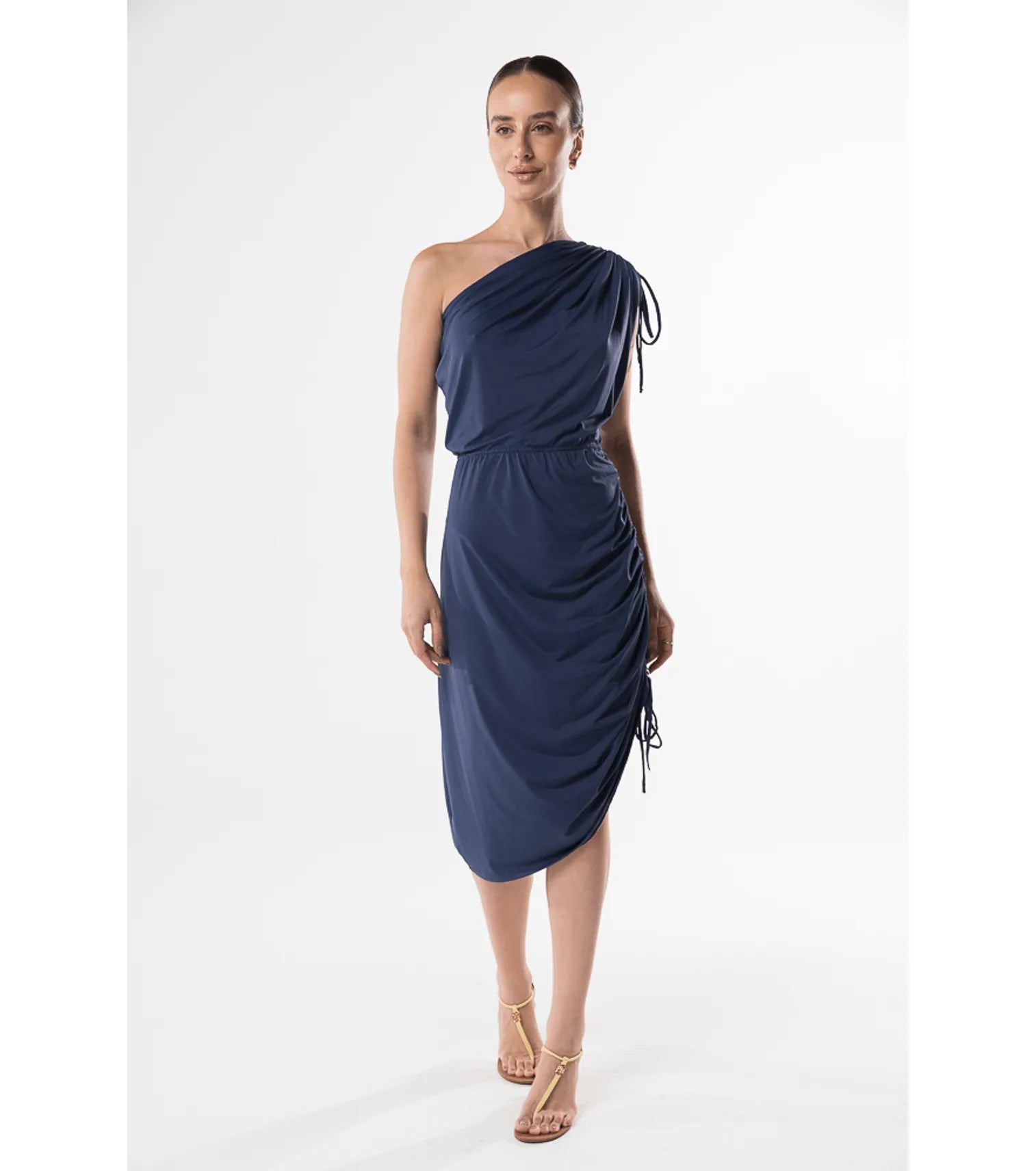 Abito midi drappo blu navy