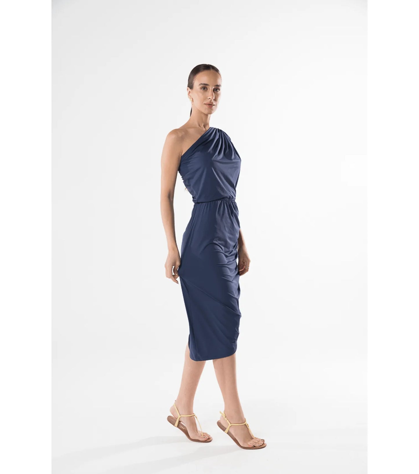 Abito midi drappo blu navy