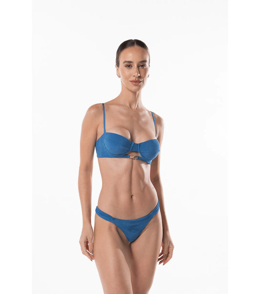 bikini mezza coppa blu  con frontale in metallo